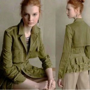 Anthropologie HEI HEI Cotton Ruffle Military Jacket Army Green Utility SMALL